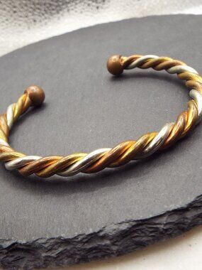 VINTAGE 60'S SILVER, BRASS & COPPER TWISTED TUBES BRACELET B1